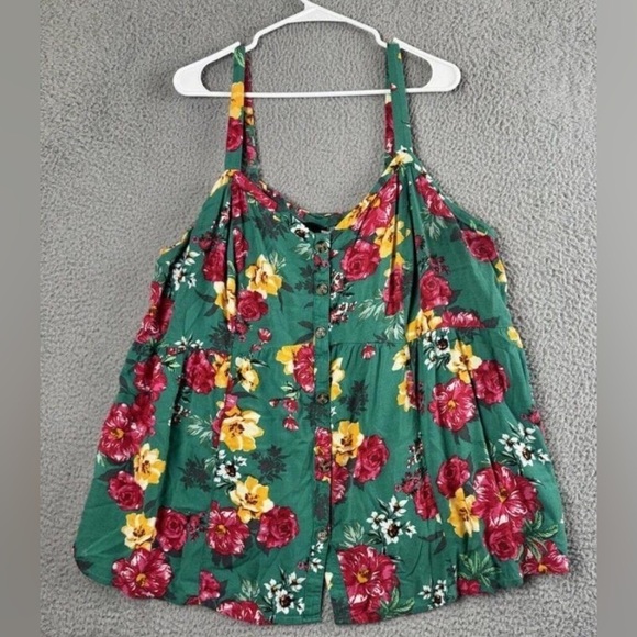 Torrid Shirt Womens Plus 3X Green Red Sleeveless Floral Fit & Flare Lace Up - Picture 1 of 9